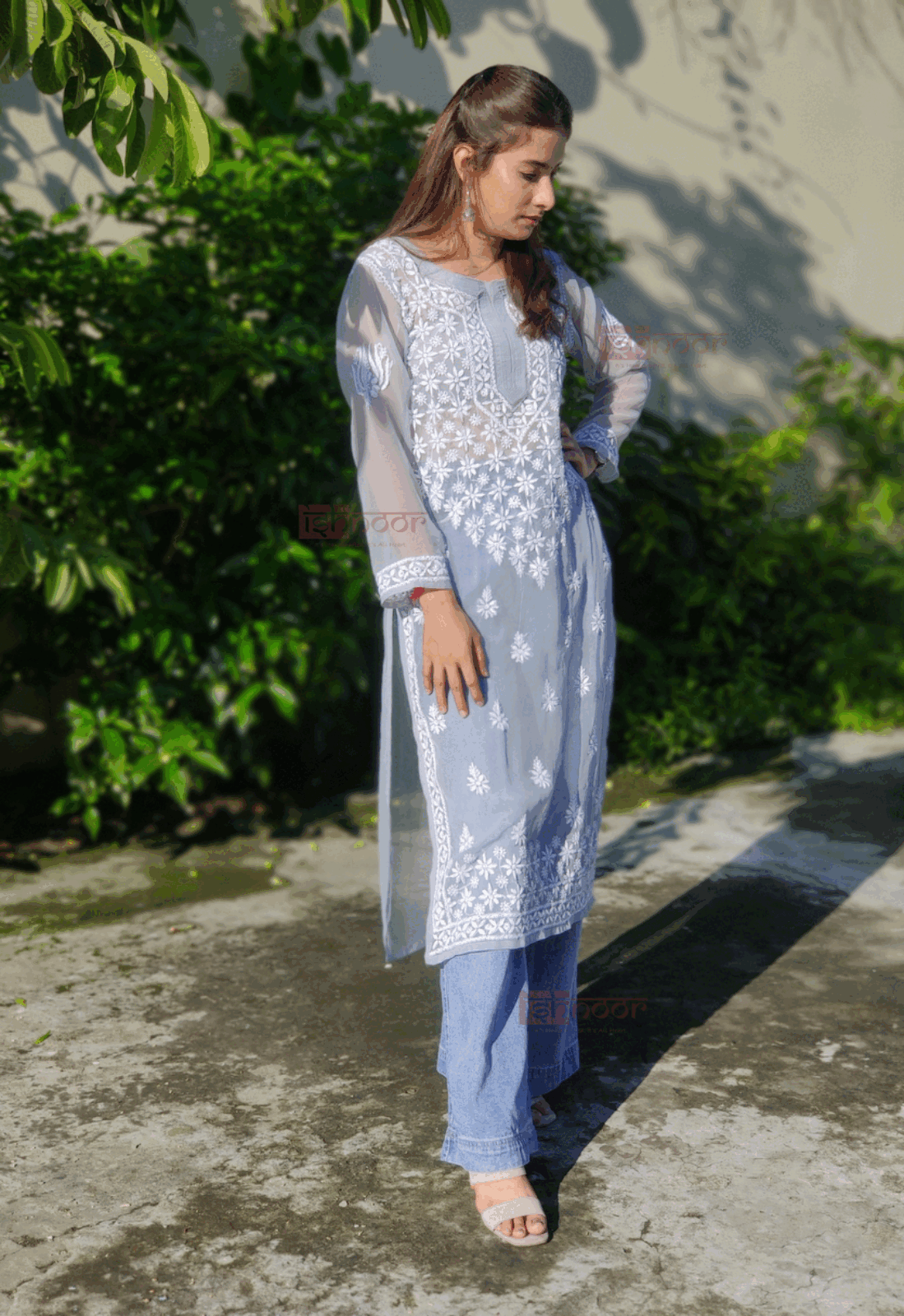 Noor Georgette Long Chikankari Kurti - slate-blue