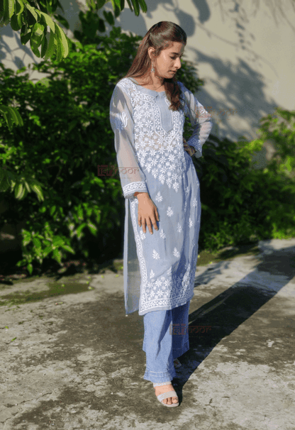 Noor Georgette Long Chikankari Kurti - slate-blue