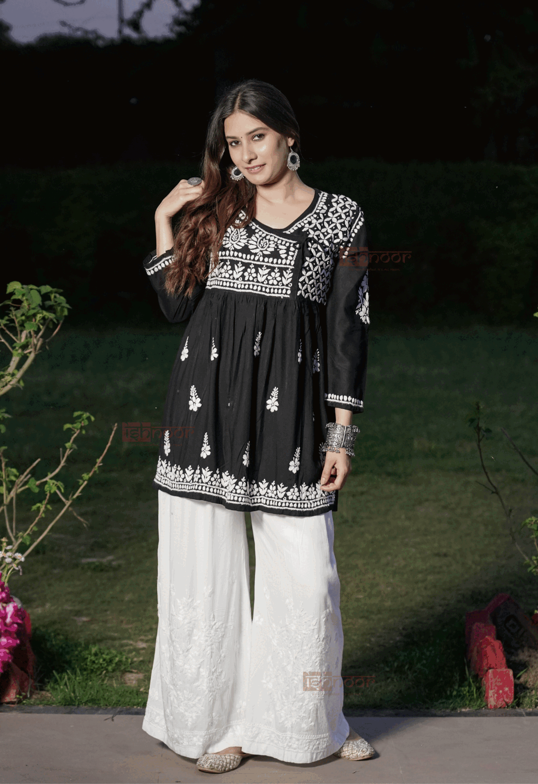 Falak Rayon Chikankari Angrakha Short Kurti 2 - black
