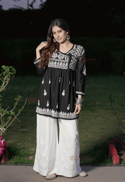 Falak Rayon Chikankari Angrakha Short Kurti 2 - black