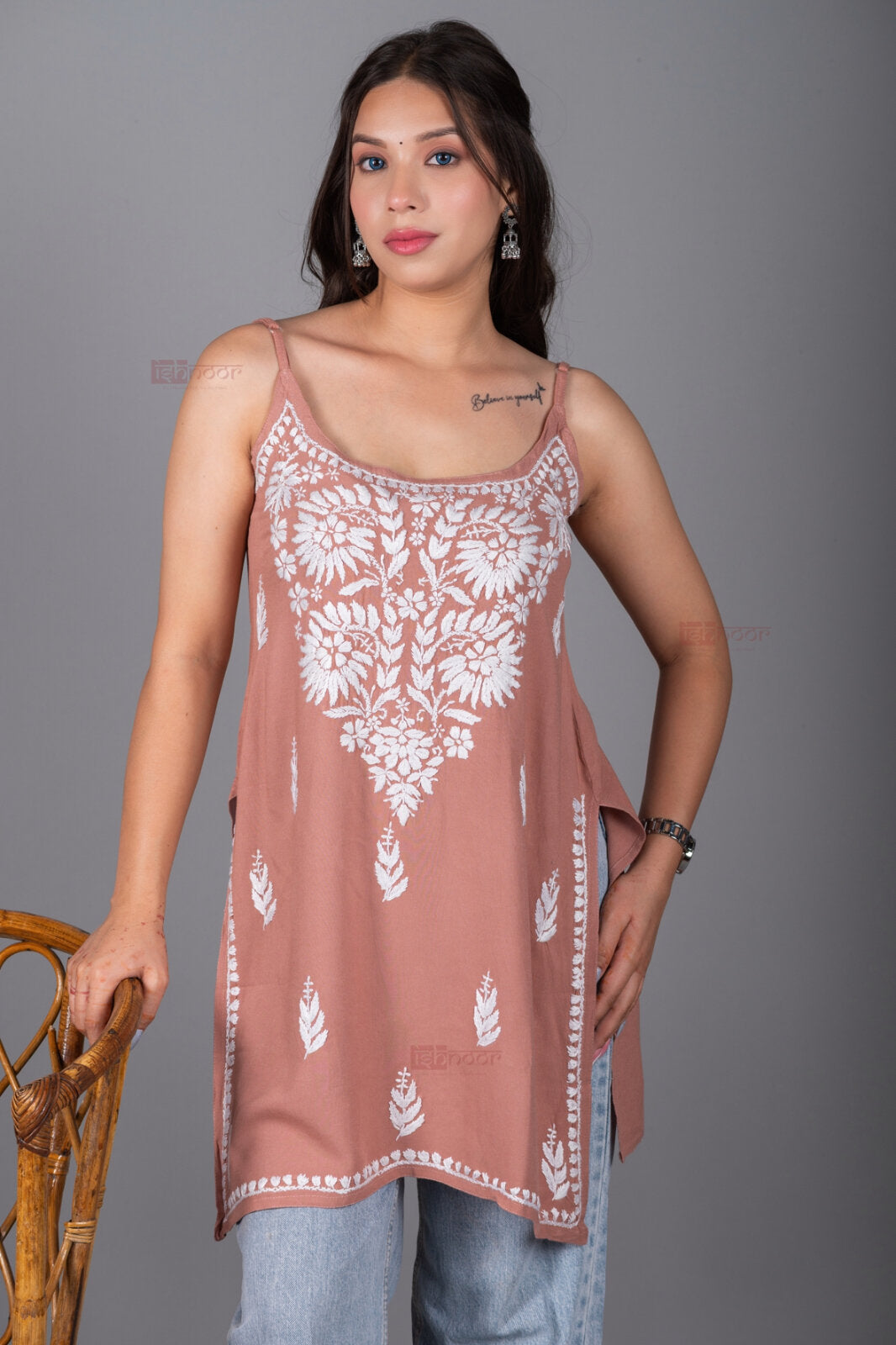 Meher Straight Rayon Chikankari Kurti - brown