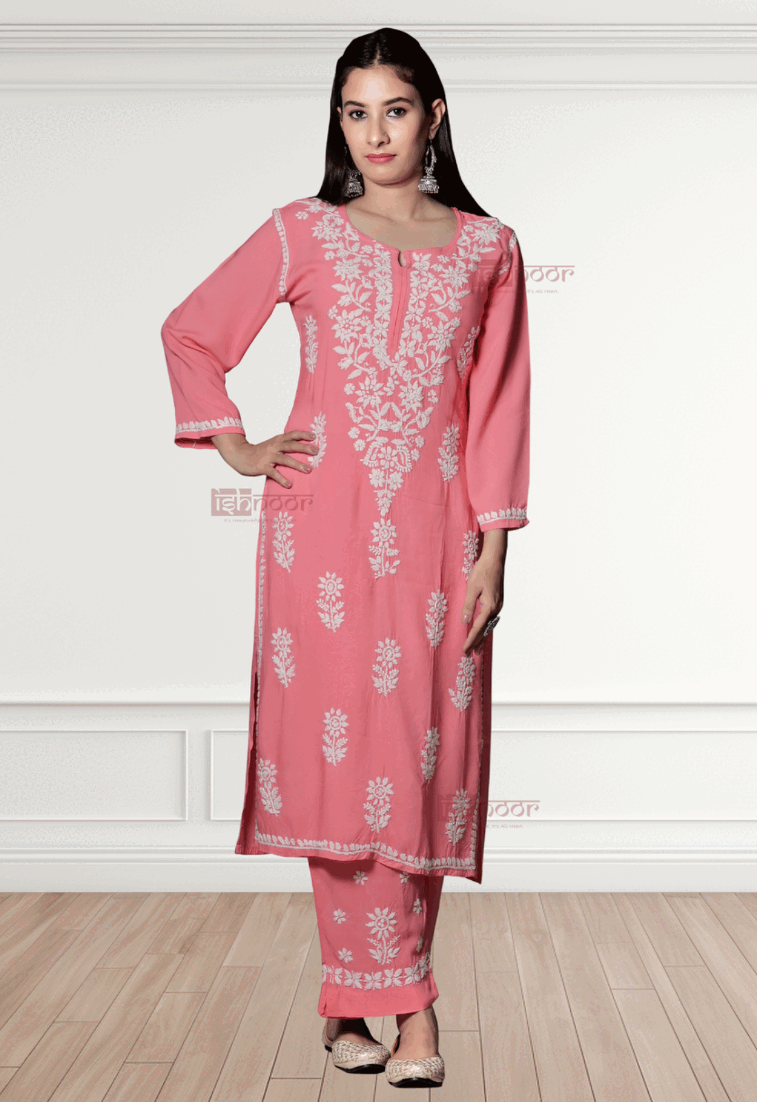 Noor Rayon Chikankari Kurti & Palazzo Set - coral-red