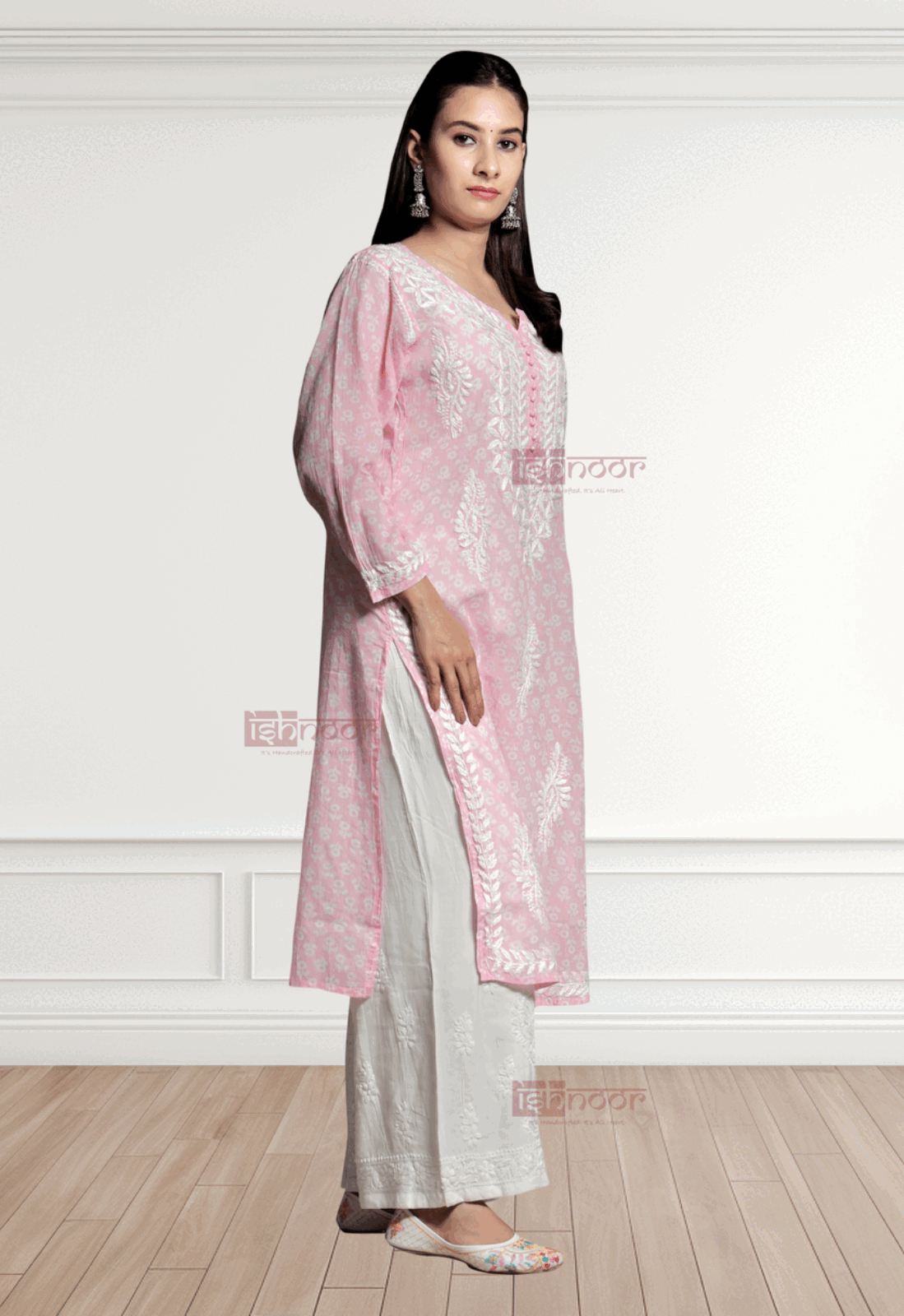 Noor Mul Cotton Long Chikankari Kurti - blush-pink