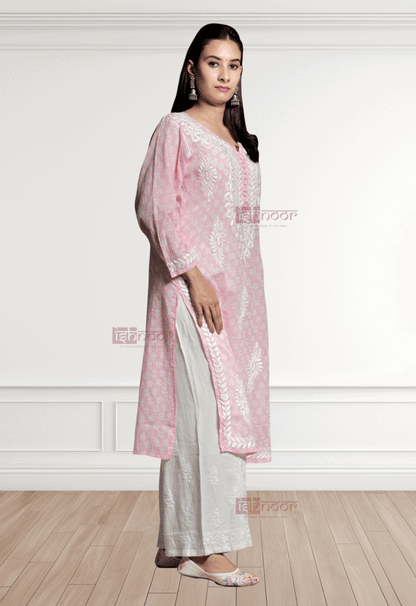Noor Mul Cotton Long Chikankari Kurti - blush-pink