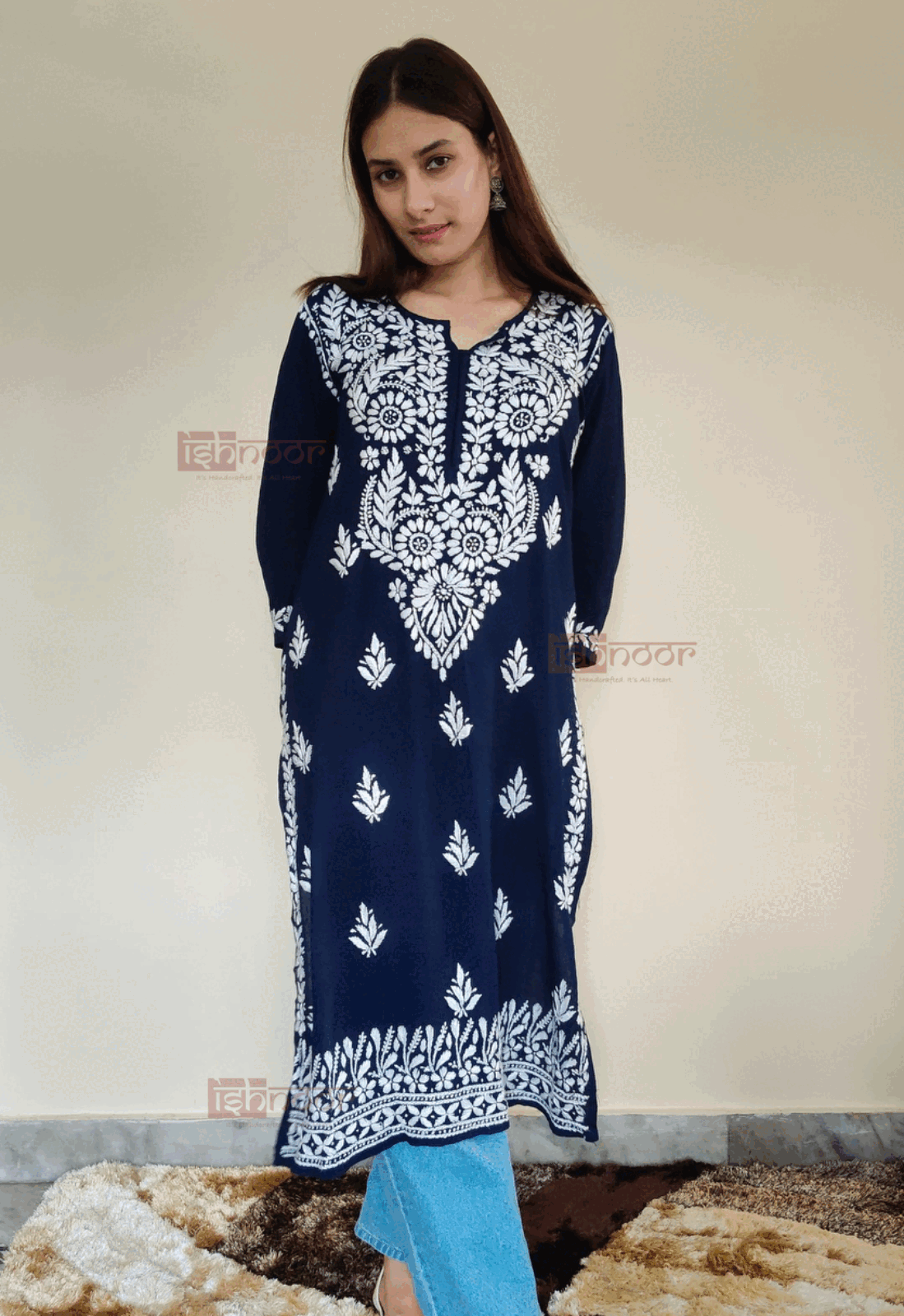 Noor Premium Rayon Long Chikankari Kurti - navy-blue