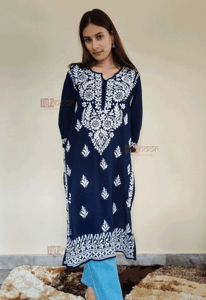 Noor Premium Rayon Long Chikankari Kurti - navy-blue