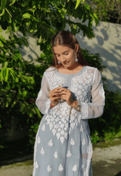 Noor Georgette Long Chikankari Kurti - slate-blue
