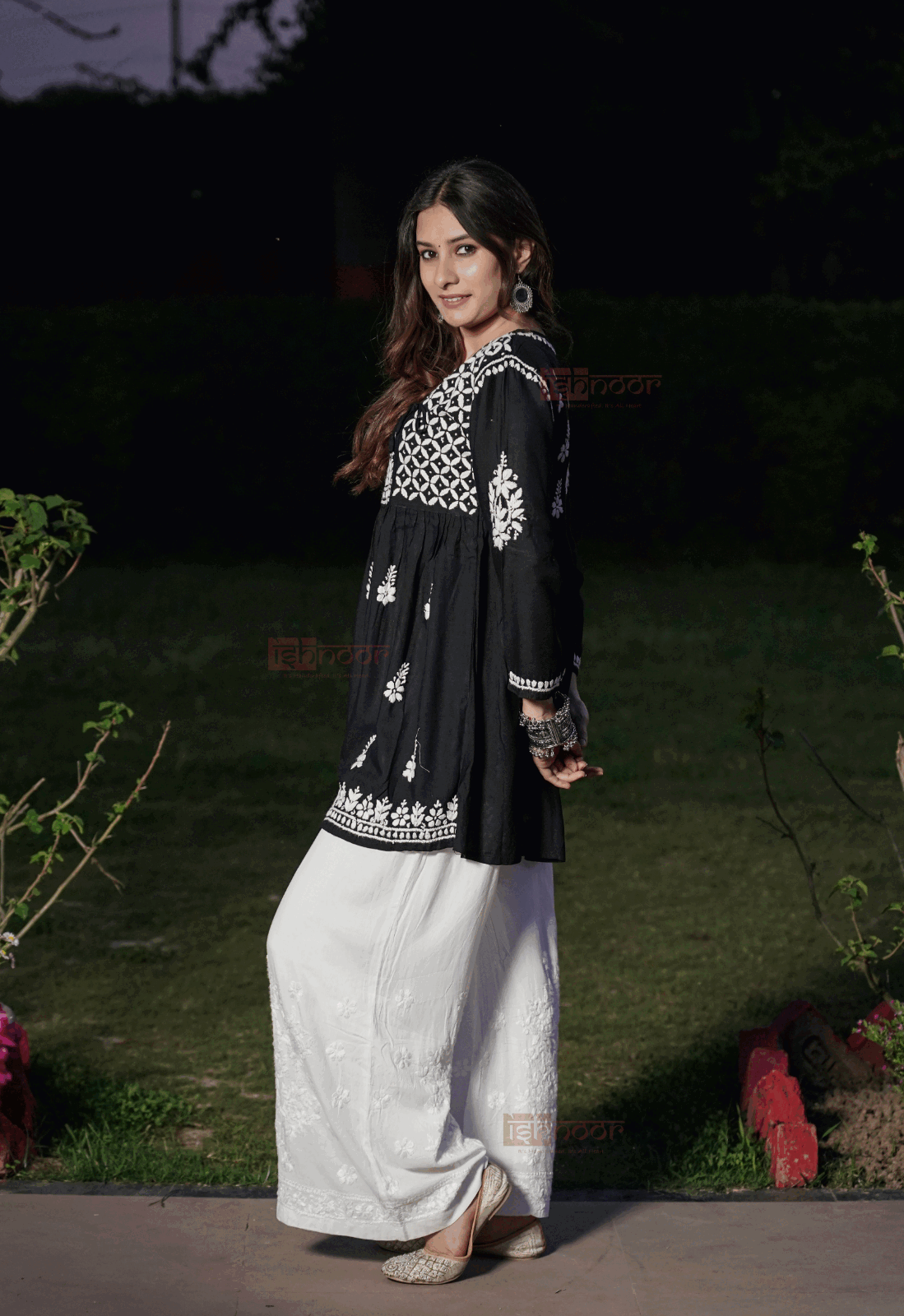 Falak Rayon Chikankari Angrakha Short Kurti 2 - black
