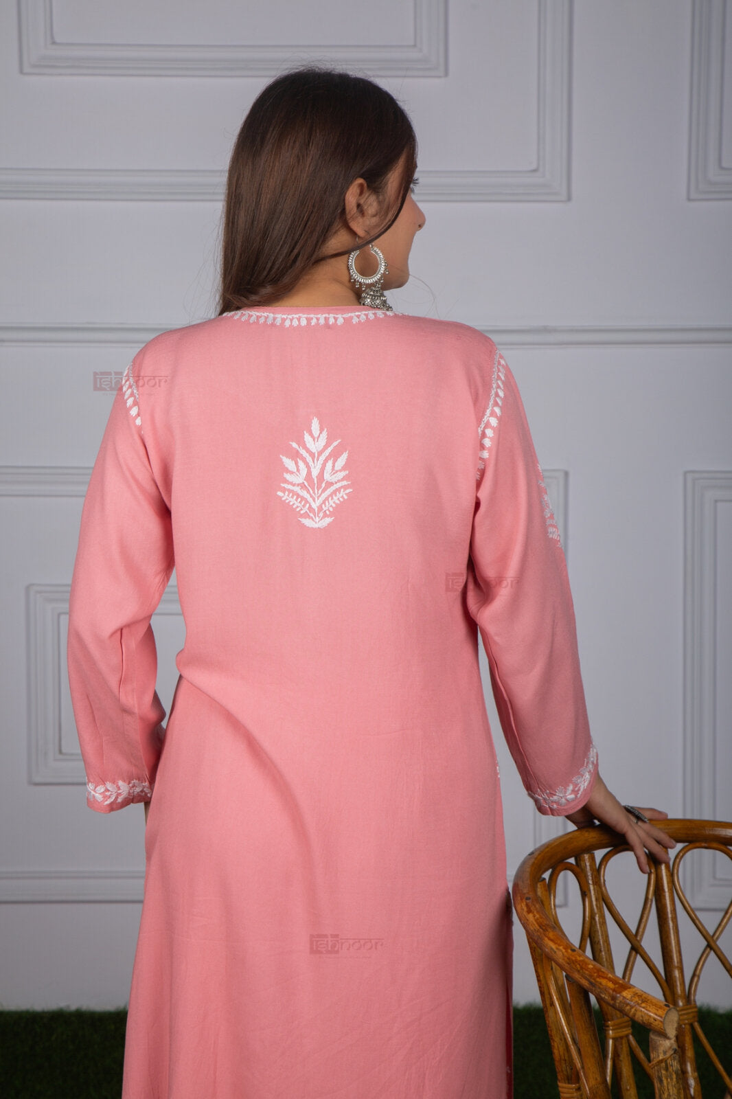 Meher Rayon Straight Long Chikankari Kurti - rose-pink