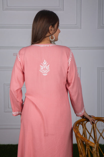 Meher Rayon Straight Long Chikankari Kurti - rose-pink