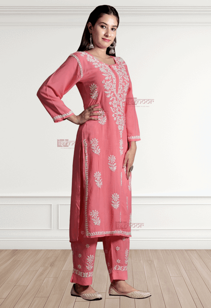 Noor Rayon Chikankari Kurti & Palazzo Set - coral-red