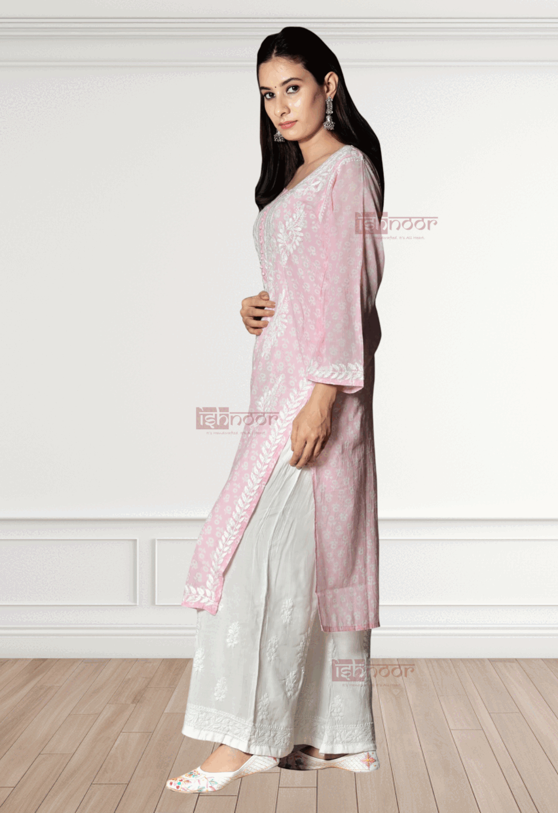 Noor Mul Cotton Long Chikankari Kurti - blush-pink