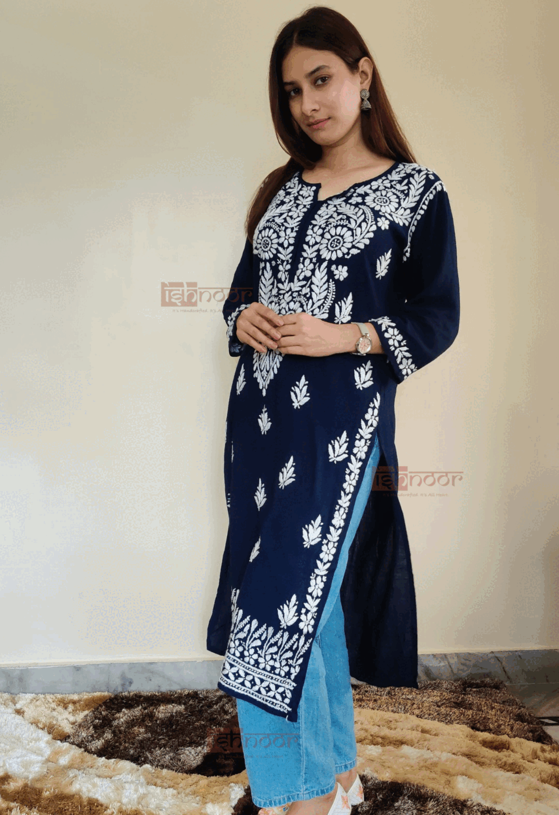 Noor Premium Rayon Long Chikankari Kurti - navy-blue