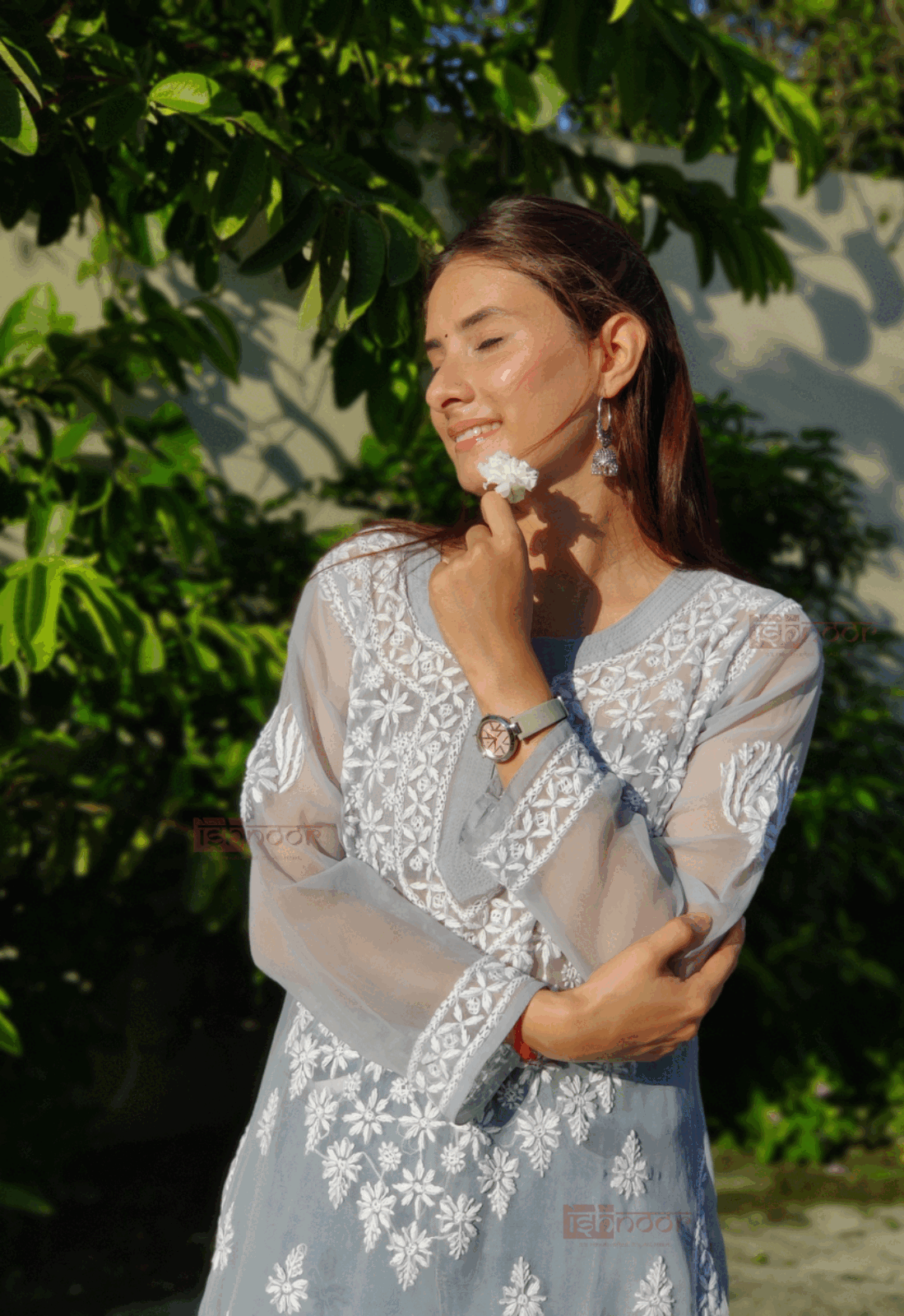 Noor Georgette Long Chikankari Kurti - slate-blue