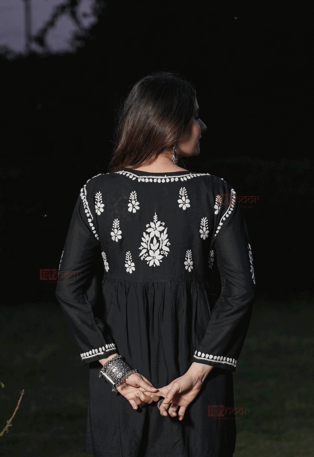 Falak Rayon Chikankari Angrakha Short Kurti 2 - black