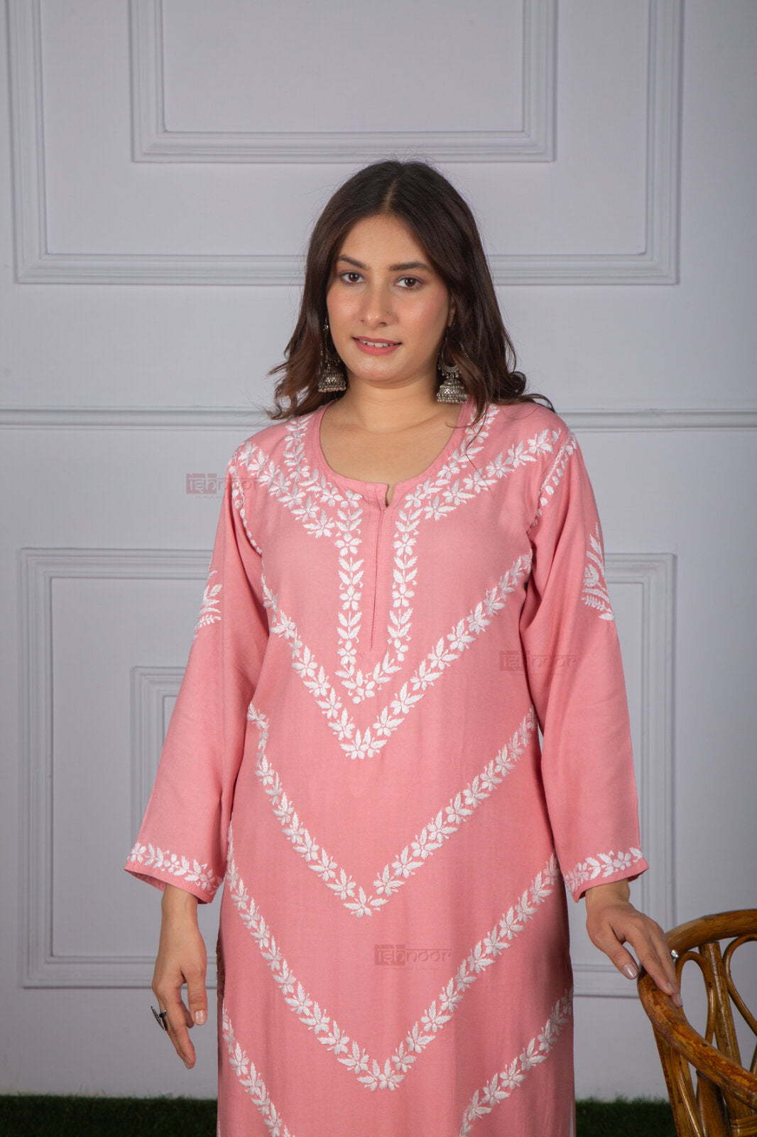 Meher Rayon Straight Long Chikankari Kurti - rose-pink