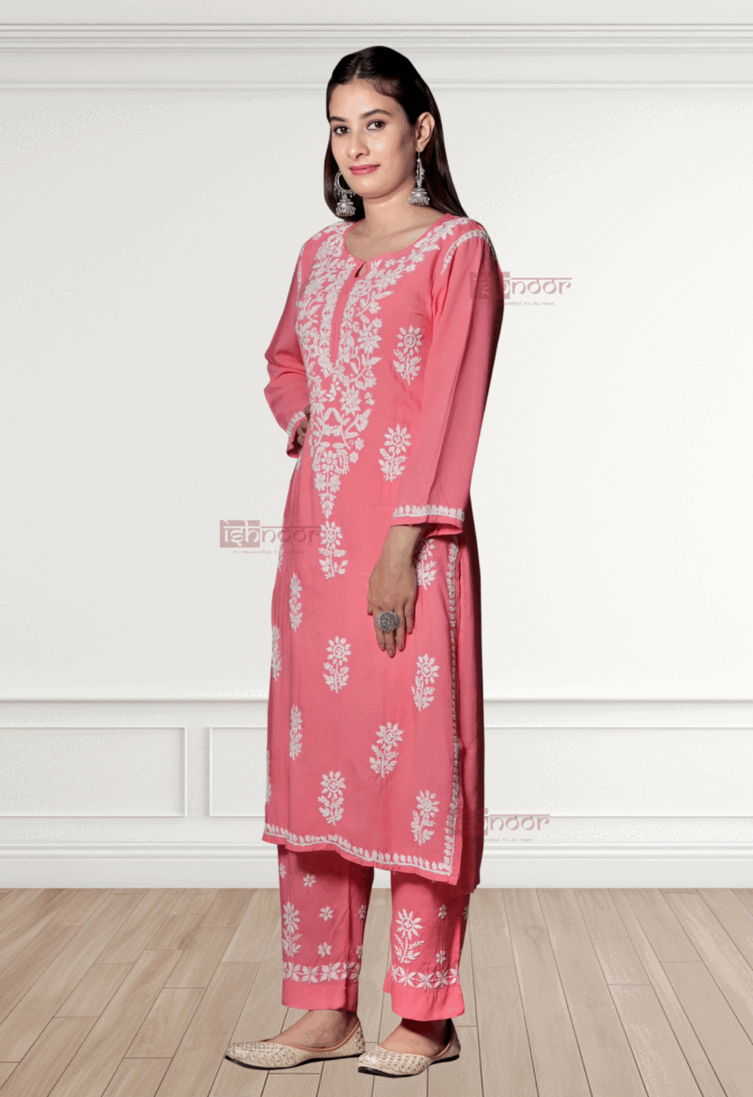 Noor Rayon Chikankari Kurti & Palazzo Set - coral-red