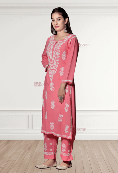 Noor Rayon Chikankari Kurti & Palazzo Set - coral-red