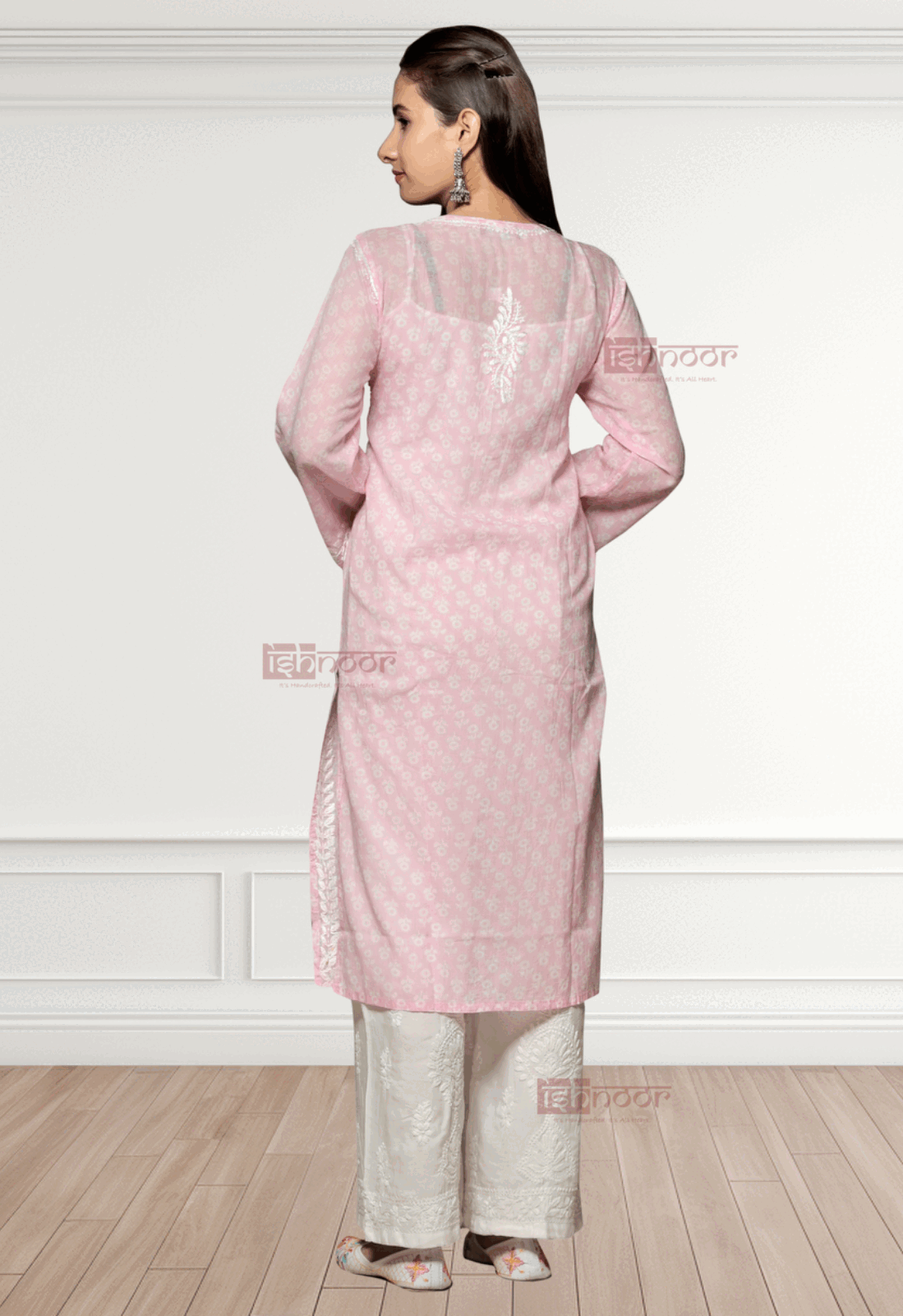 Noor Mul Cotton Long Chikankari Kurti - blush-pink