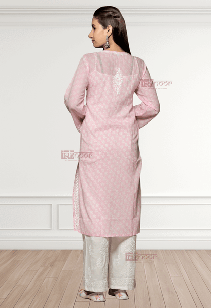 Noor Mul Cotton Long Chikankari Kurti - blush-pink