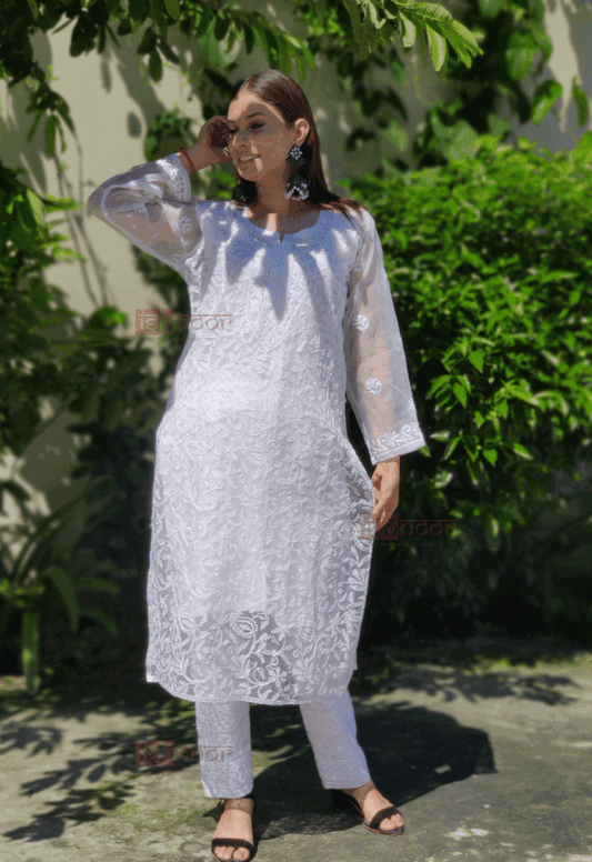 Noor  Premium Organza Long Chikankari Kurti - white