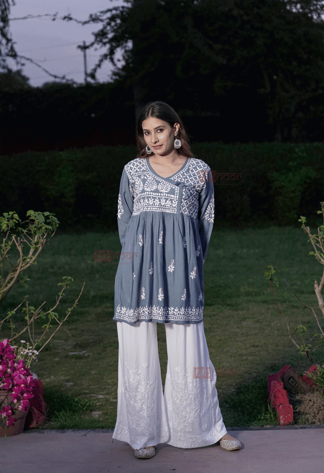 Falak Rayon Chikankari Angrakha Short Kurti 2 - slate-blue