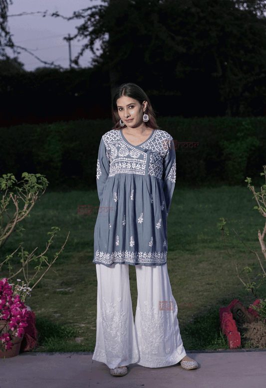 Falak Rayon Chikankari Angrakha Short Kurti 2 - slate-blue