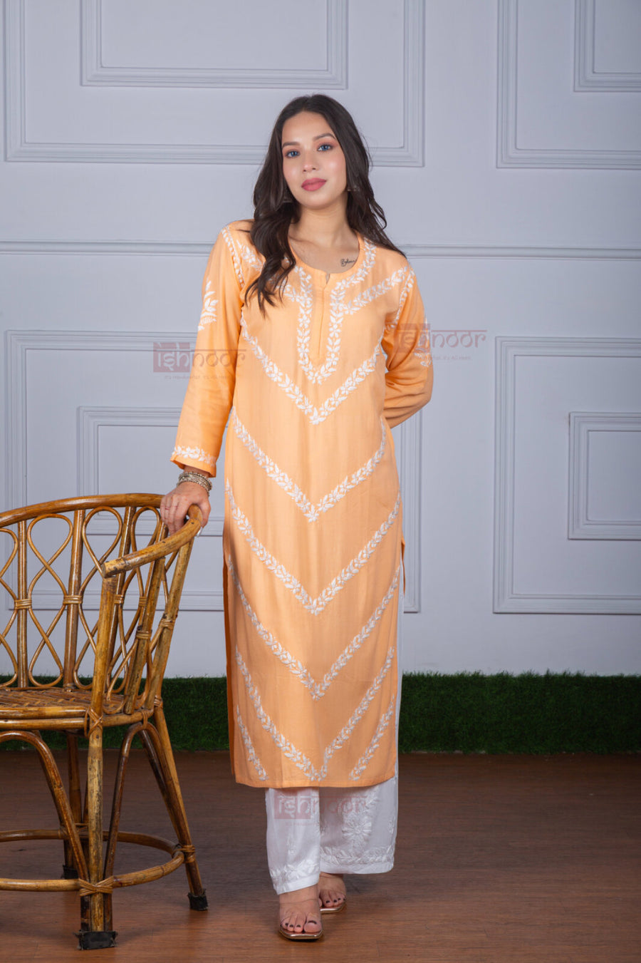 Meher Rayon Straight Long Chikankari Kurti - soft-peach