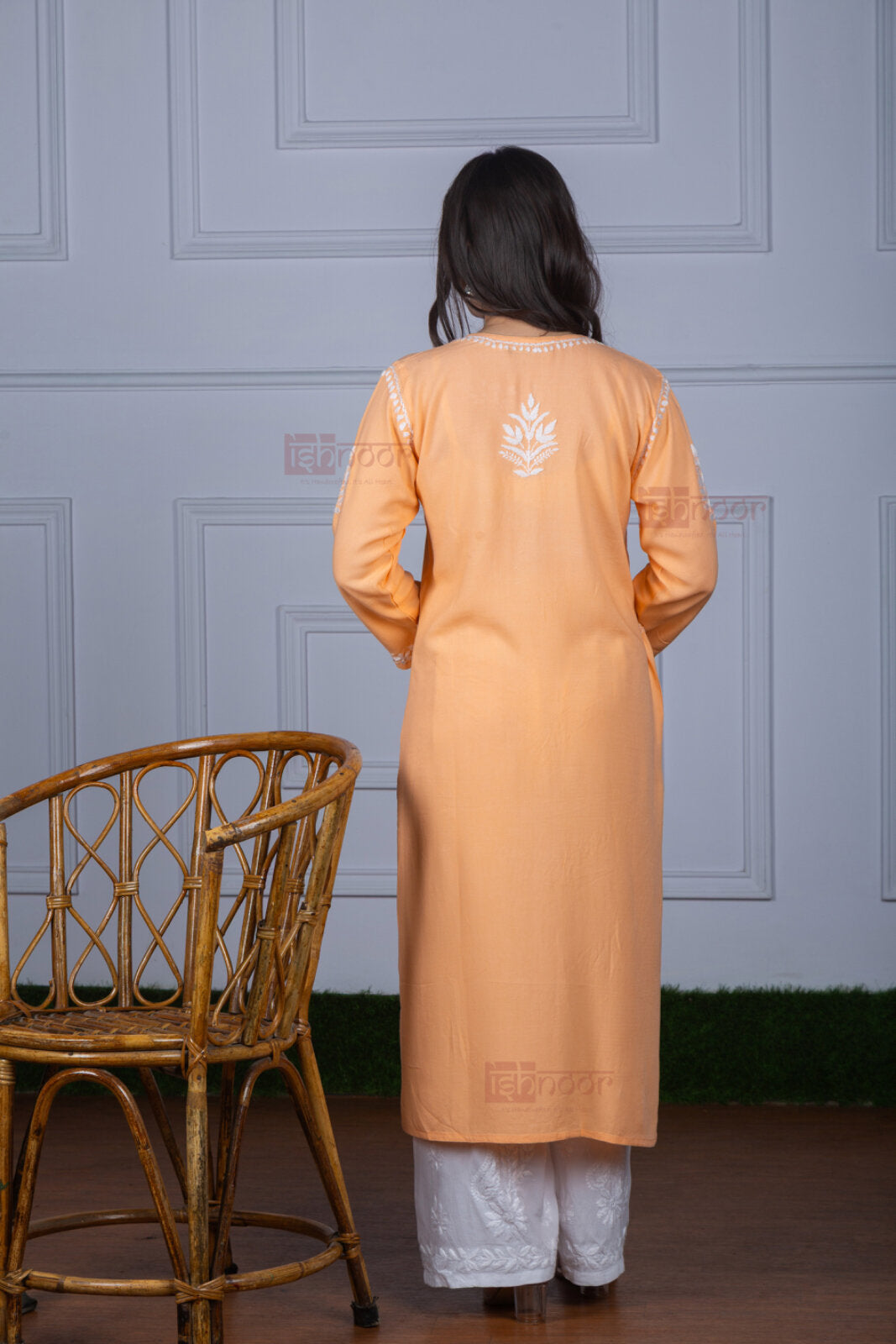 Meher Rayon Straight Long Chikankari Kurti - soft-peach