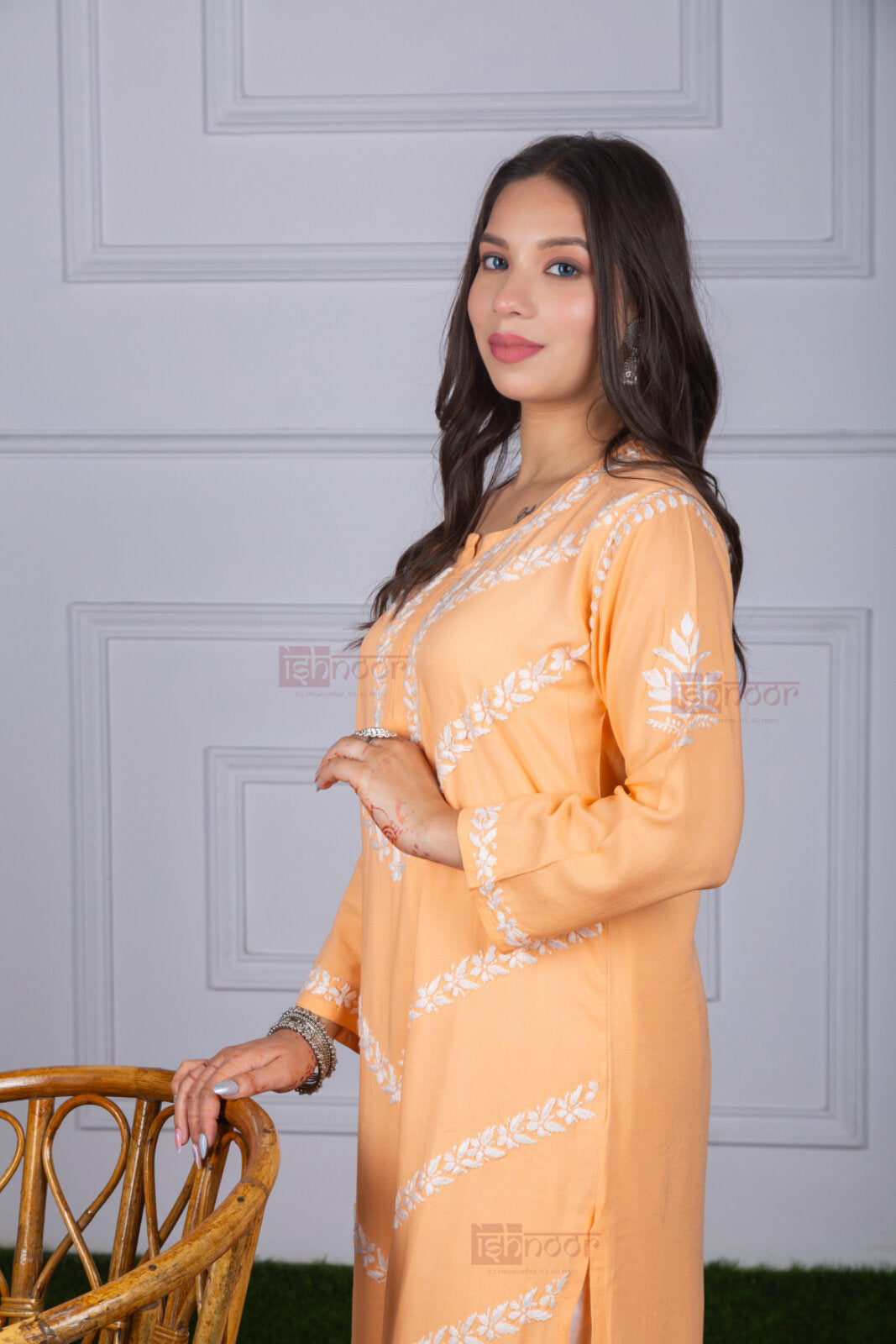 Meher Rayon Straight Long Chikankari Kurti - soft-peach