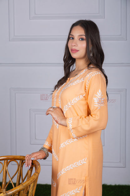Meher Rayon Straight Long Chikankari Kurti - soft-peach