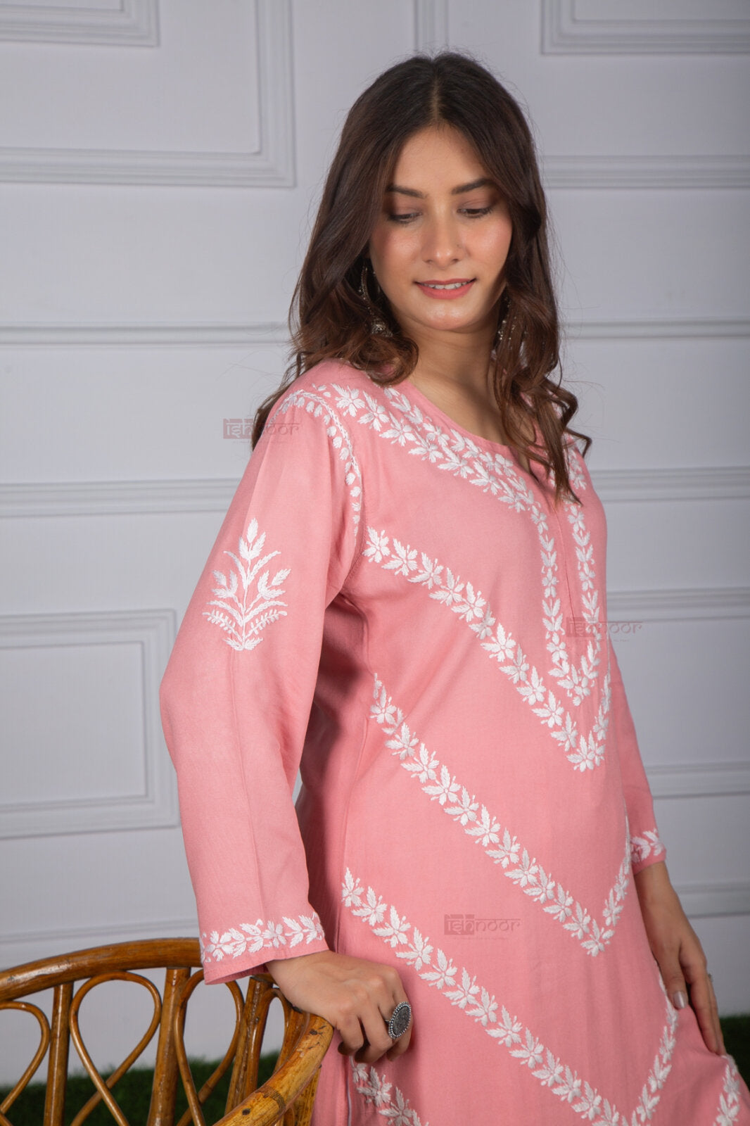 Meher Rayon Straight Long Chikankari Kurti - rose-pink