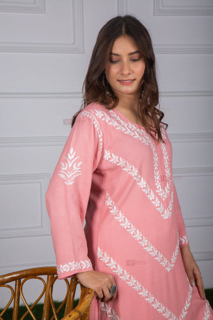 Meher Rayon Straight Long Chikankari Kurti - rose-pink