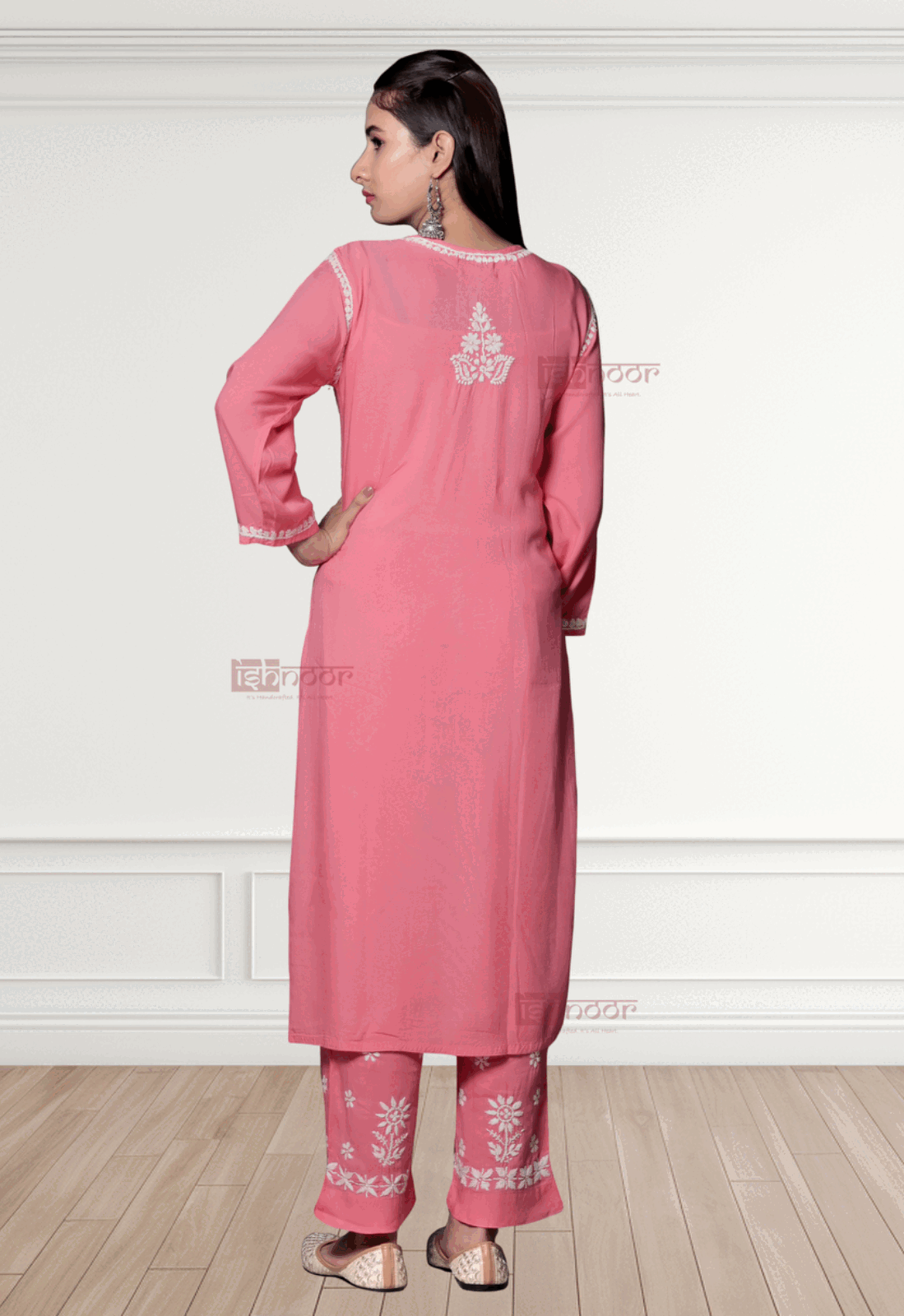 Noor Rayon Chikankari Kurti & Palazzo Set - coral-red