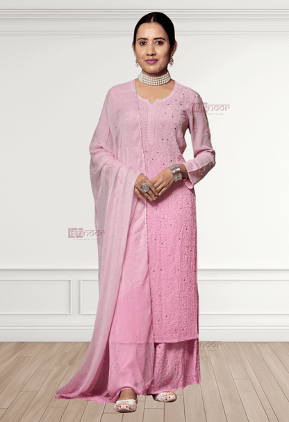 Noor Viscose Chikankari Suit Set with Mukaish Work - blush-pink