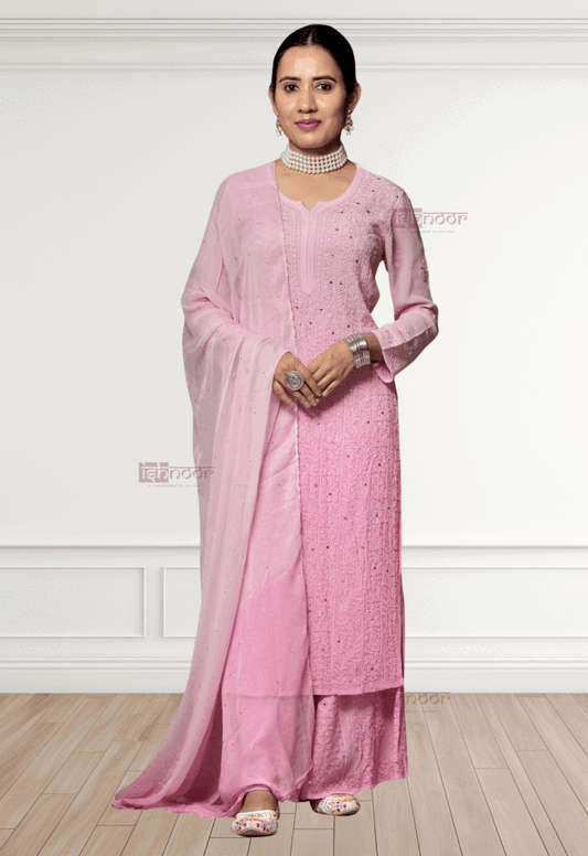 Noor Viscose Chikankari Suit Set with Mukaish Work - blush-pink
