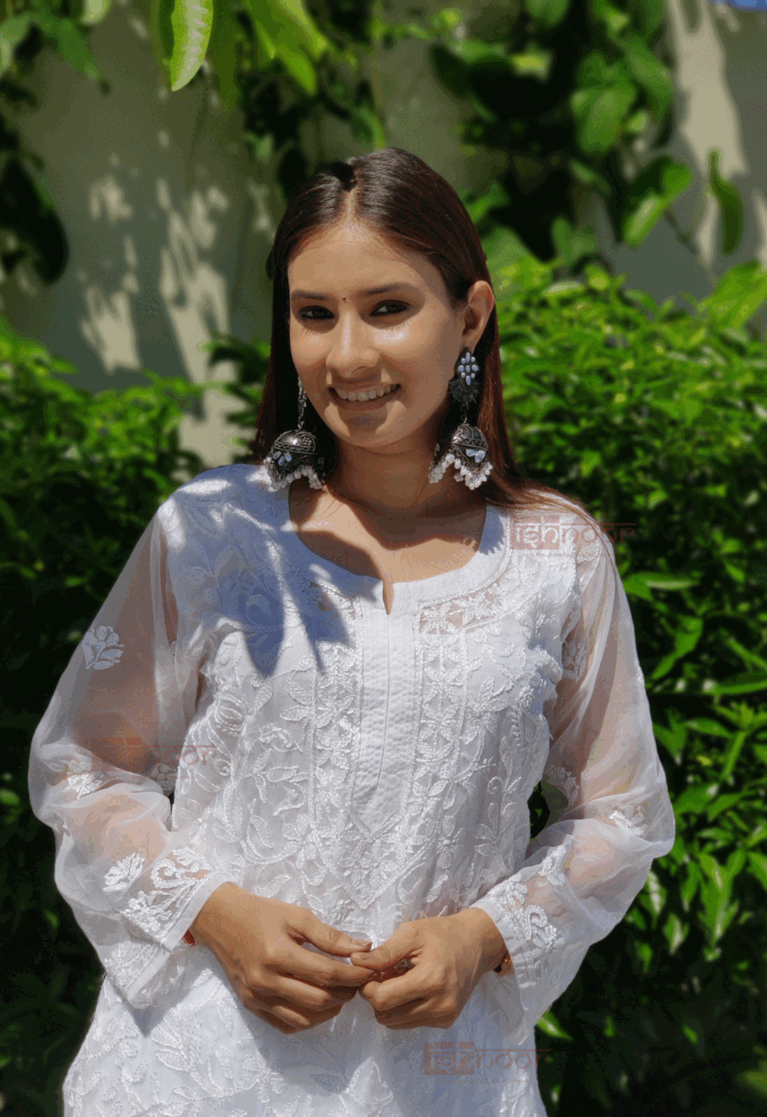 Noor  Premium Organza Long Chikankari Kurti - white