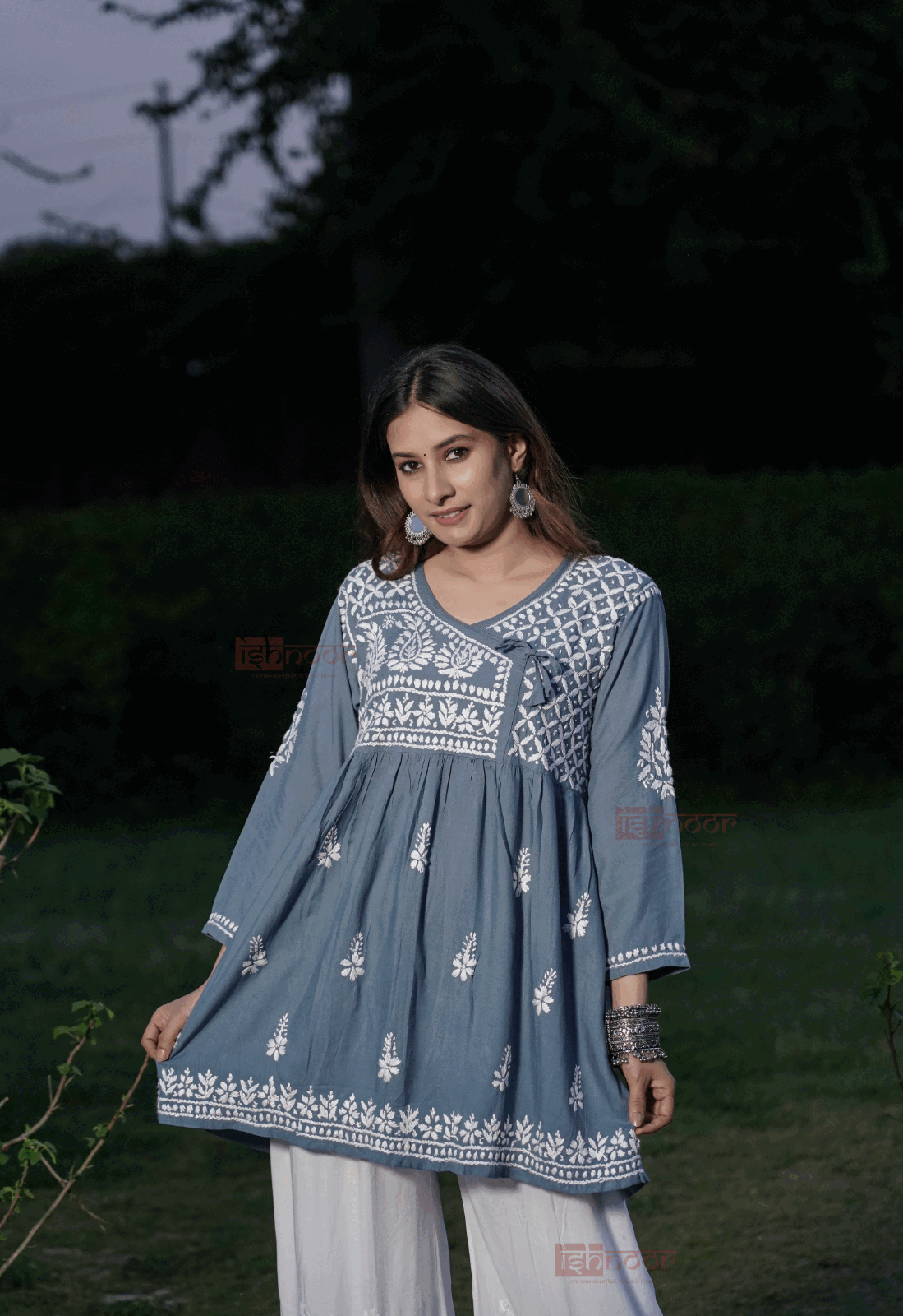 Falak Rayon Chikankari Angrakha Short Kurti 2 - slate-blue