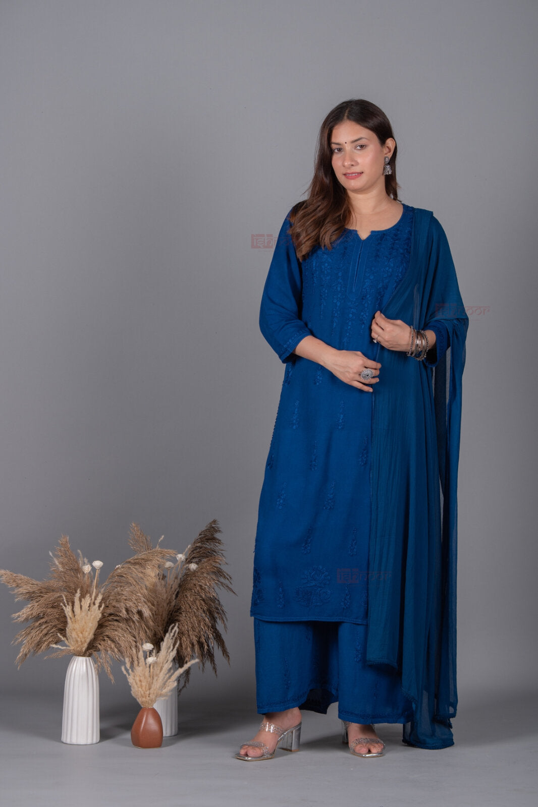 Meher Rayon Chikankari Suit Set - midnight-blue