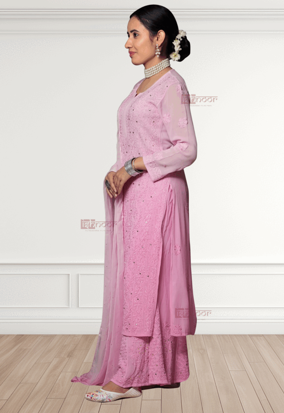 Noor Viscose Chikankari Suit Set with Mukaish Work - blush-pink
