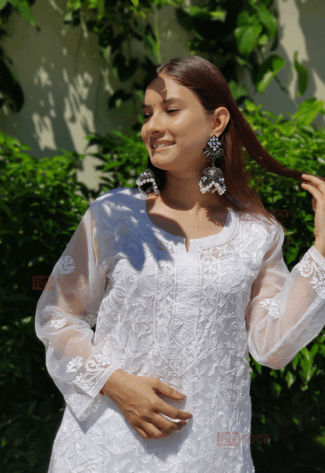 Noor  Premium Organza Long Chikankari Kurti - white