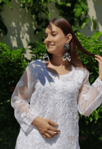 Noor  Premium Organza Long Chikankari Kurti - white