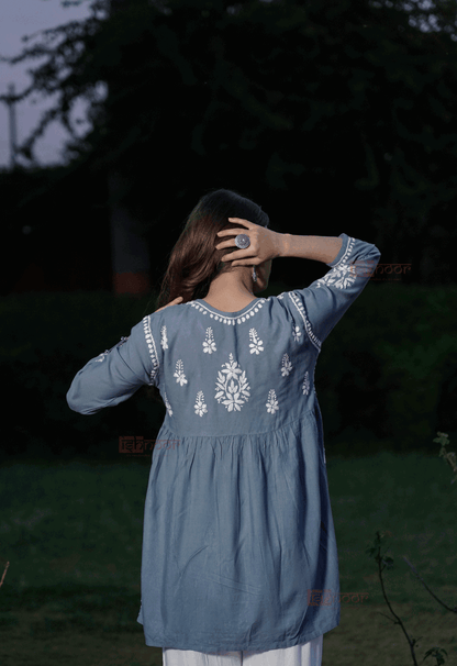 Falak Rayon Chikankari Angrakha Short Kurti 2 - slate-blue