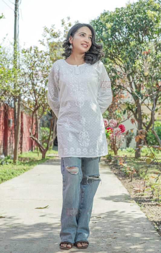 Falak Short Dobby Cotton Chikankari Kurti - white