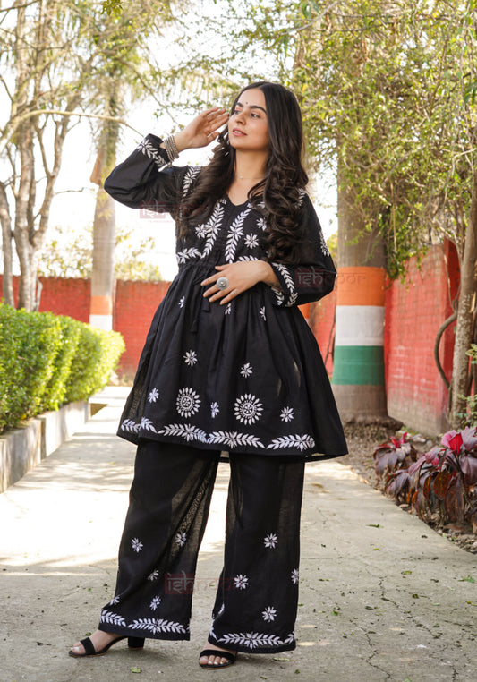 Falak Cotton Chikankari Kurti & Palazzo Set - black