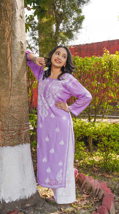 Falak Rayon Long Chikankari Kurti - lavender