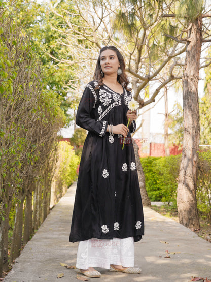 Falak Alia Cut Rayon Chikankari Gown - black