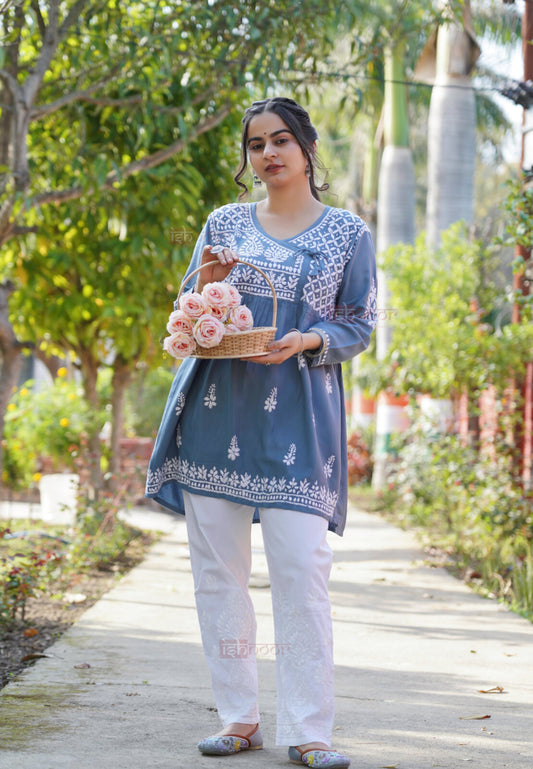 Falak Rayon Chikankari Angrakha Short Kurti - slate-blue