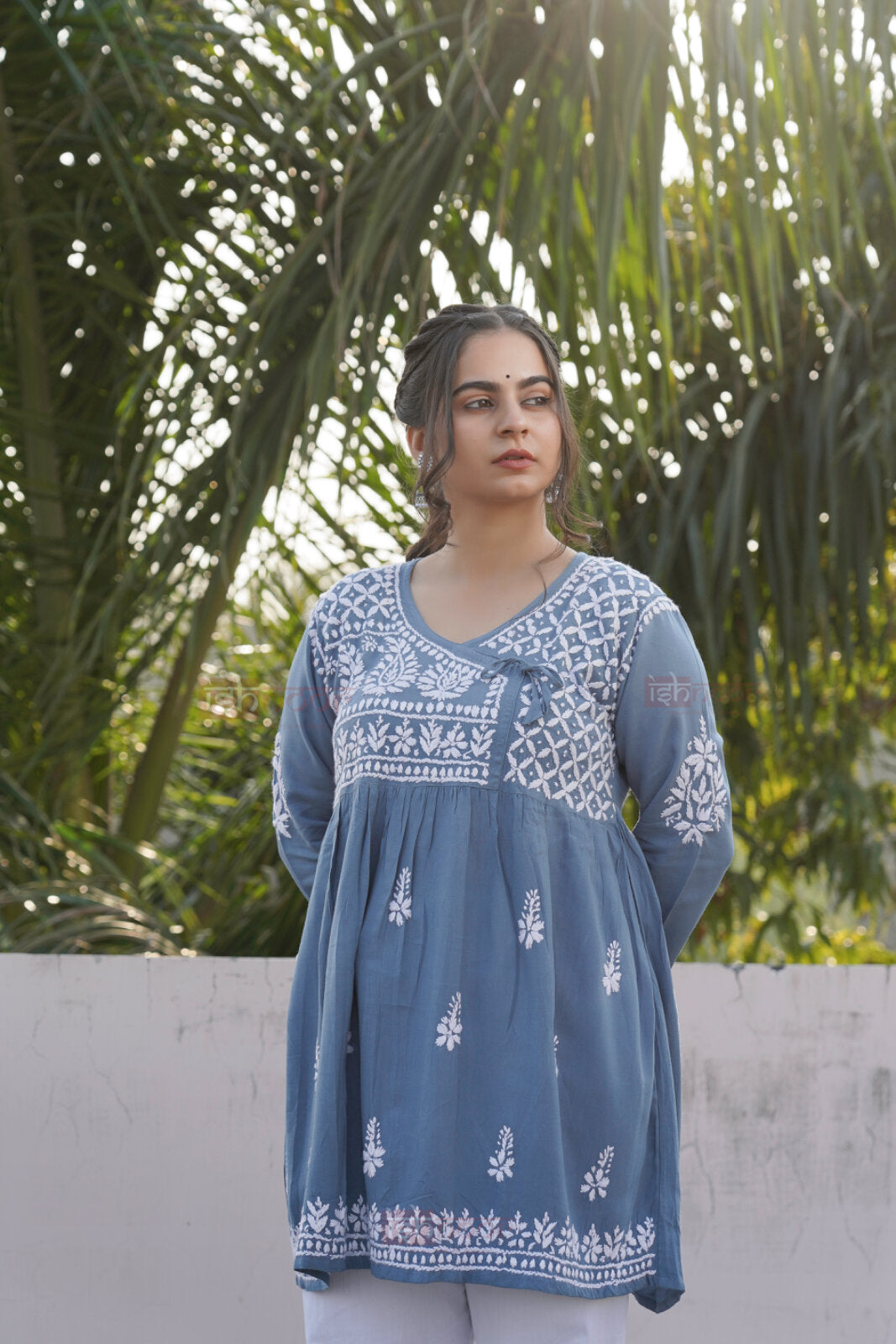 Falak Rayon Chikankari Angrakha Short Kurti - slate-blue