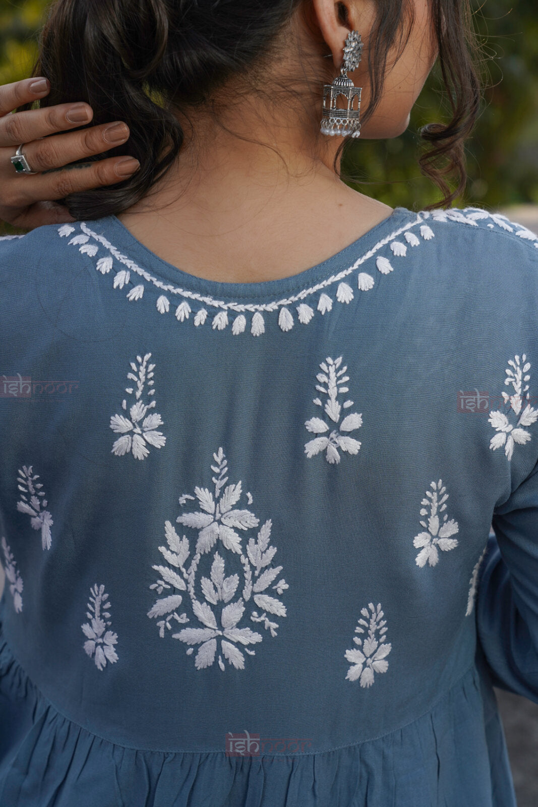 Falak Rayon Chikankari Angrakha Short Kurti - slate-blue